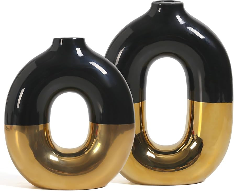 Black and Gold Vase Set of 2 - Circular Hollow Modern Vases for Pampas Grass and Table Centerpiec... | Amazon (US)