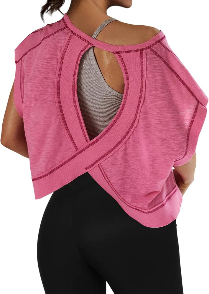 Women’s Open Back Workout Crop Tops Backless Athletic T Shirt Activewear T-Shirts Exercise Yoga... | Amazon (US)