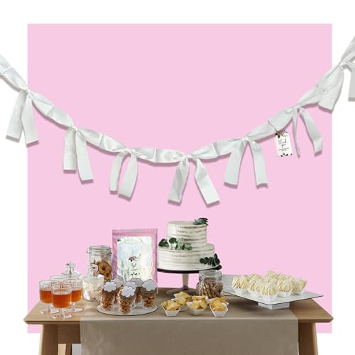 Eanjia Pre-Assembled White Bow Garland - 6ft Elegant Church Wedding Decor, Baby Shower Banner & Bridal Shower Backdrop, Thick Satin No DIY Needed! Baby Room Bed Decor (White, 6ft) | Amazon (US)