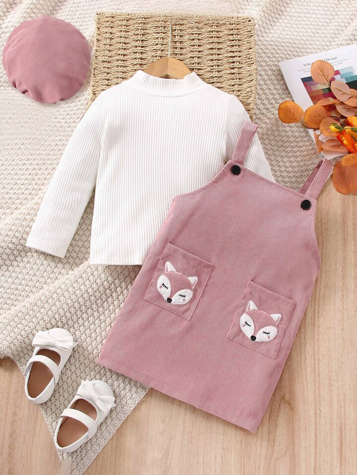 SHEIN Kids EVRYDAY Toddler Girls Mock Neck Tee & Cartoon Graphic Overall Dress With Hat | SHEIN