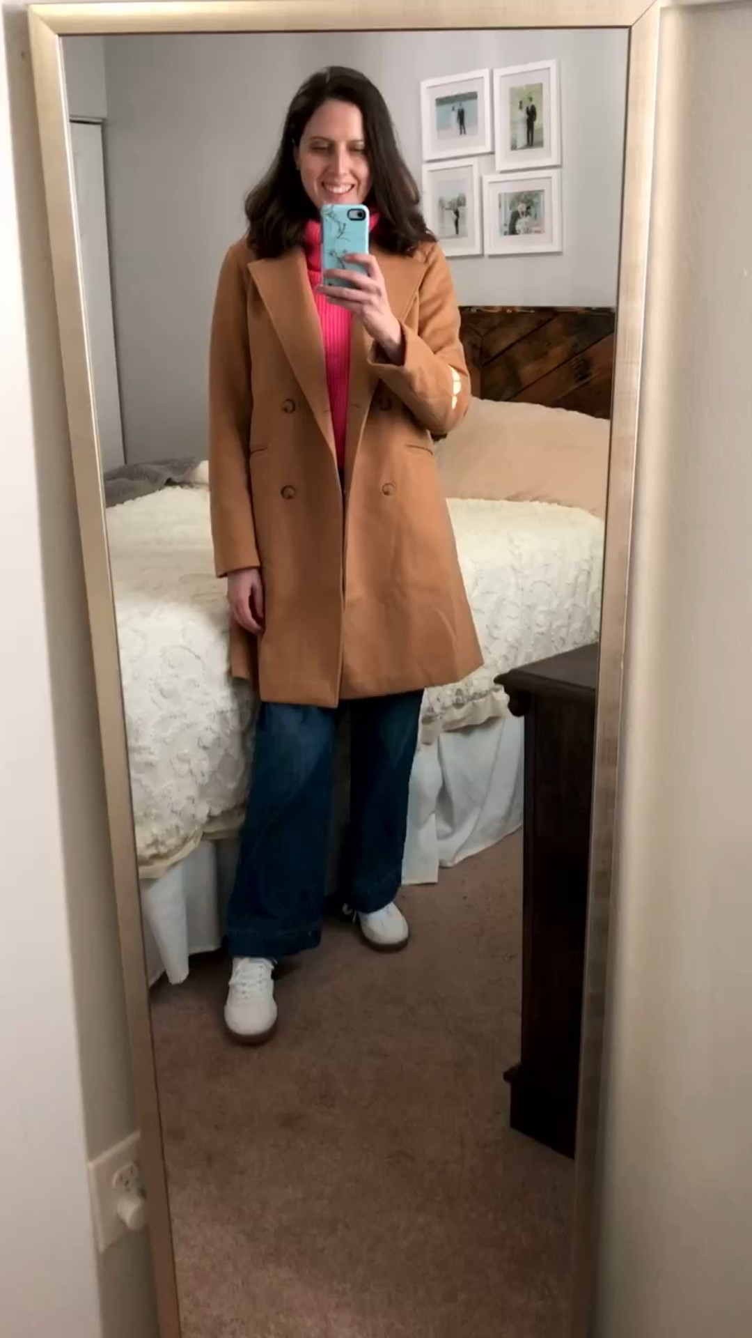 Pink sweater and camel pea coat is a favorite color combo 🩷

Wide leg jeans and sneakers Amazon coat and 