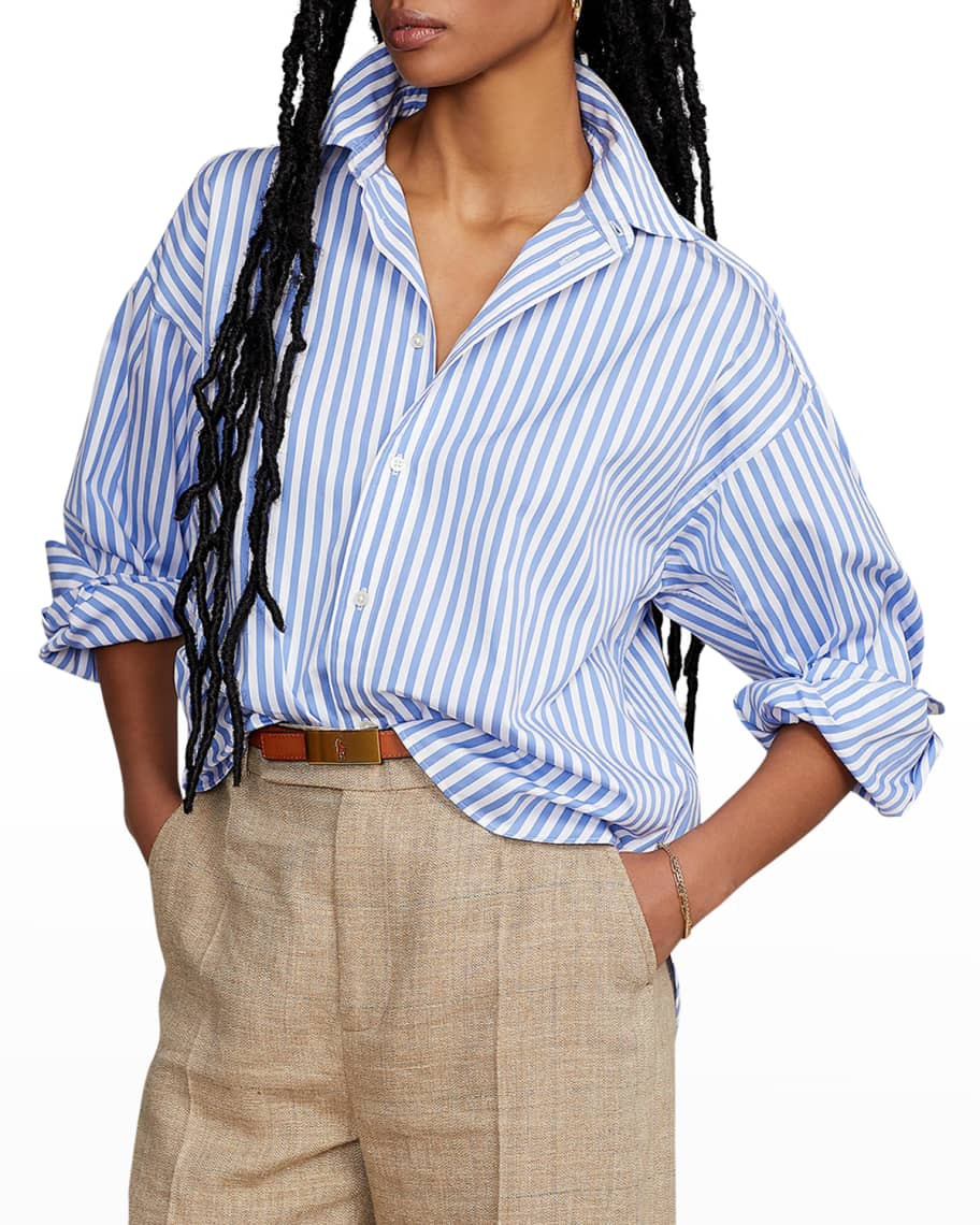 Polo Ralph Lauren Striped Blouson-Sleeve Cotton Shirt | Neiman Marcus