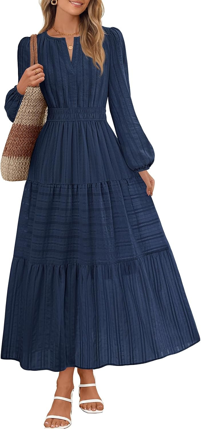 MEROKEETY Womens Fall Puff Long Sleeve Casual V Neck Modest Midi Maxi Dress | Amazon (US)