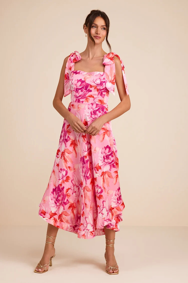 Fleurette Pink Floral Tie-Strap Midi Dress | Lulus