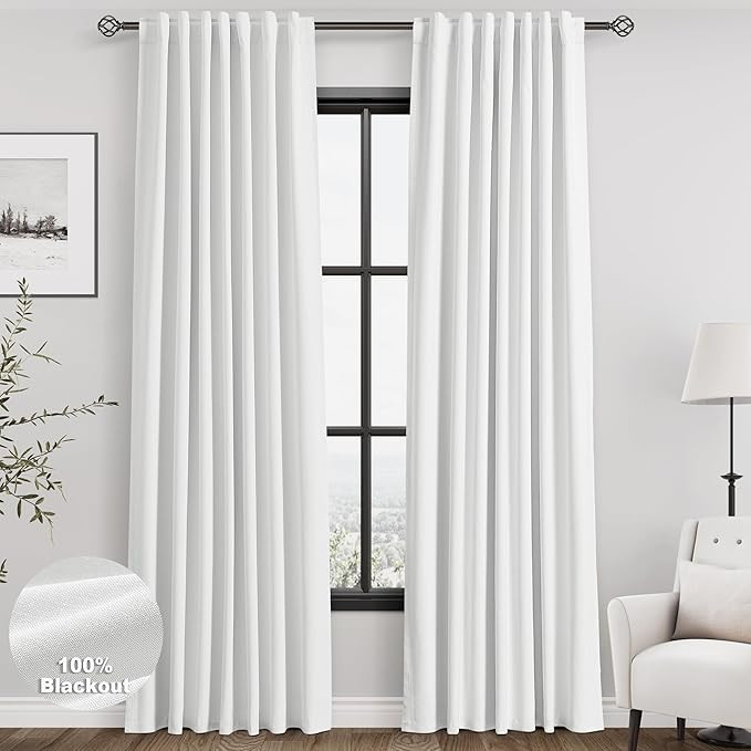 White Linen Blackout Curtains 84 Inches Long 2 Panels for Living Room Back Tab Modern Cotton Text... | Amazon (US)