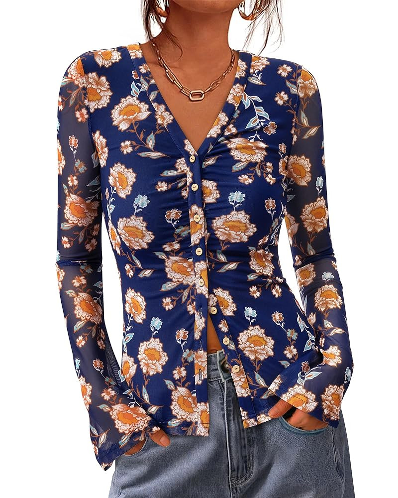 Amazon.com: BTFBM Button Down Shirts for Women Fall Fashion 2025 V Neck Long Sleeve Blouse Ruched... | Amazon (US)