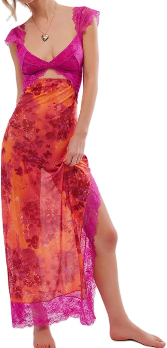 Women Sexy Lace Patchwork Mesh Dress Floral Print Cutout Sweetheart Neck Maxi Dress Backless Slit... | Amazon (US)