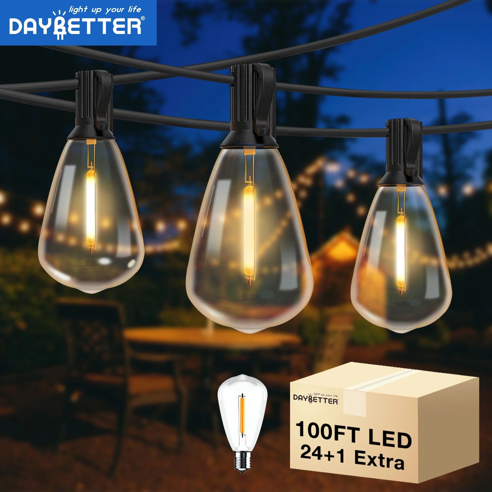 DAYBETTER 100ft Outdoor String Lights, with 24 Edison Vintage Shatterproof Bulbs, ST38 Waterproof... | Walmart (US)