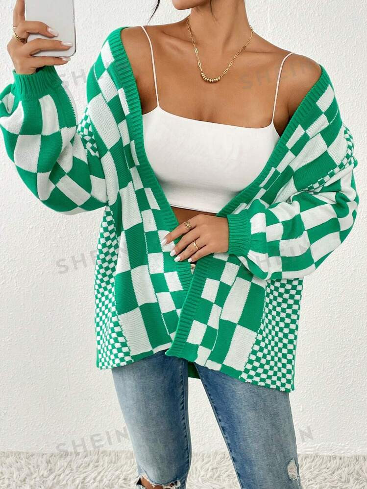 SHEIN Essnce Women Checkered Loose Long Cardigan Sweater, Casual Wear For Autumn/Winter | SHEIN U... | SHEIN