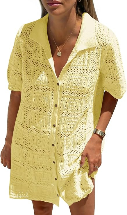 Saodimallsu Womens Crochet Swimsuit Cover Up Dress Short Sleeve Button V Neck Knit Summer Beach V... | Amazon (US)