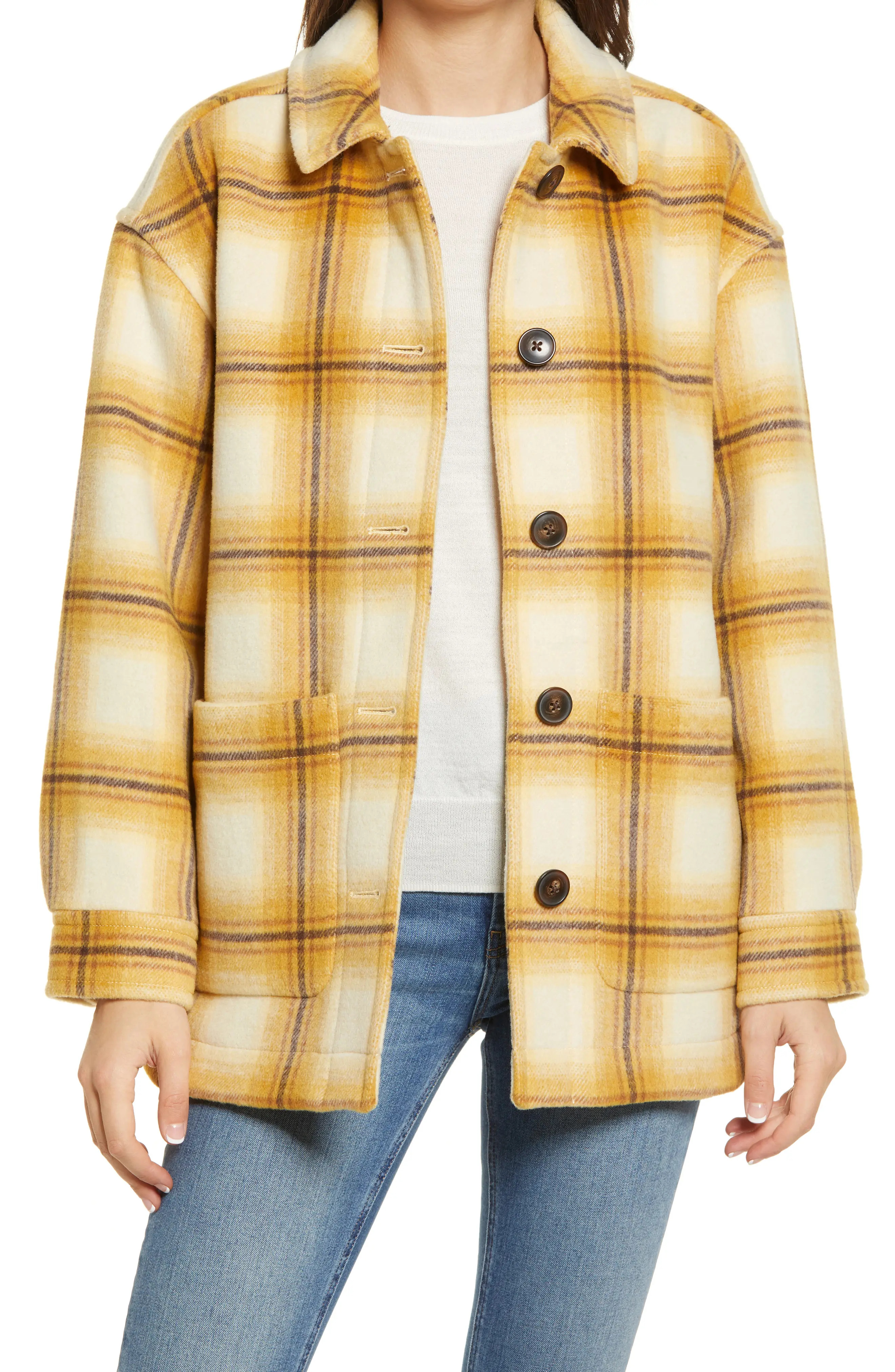 Women's Madewell Walton Berean Plaid Shirt Jacket, Size X-Small - Yellow | Nordstrom