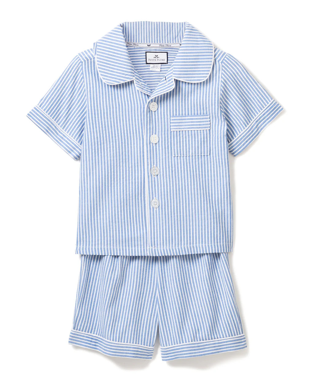 Kid's Twill Pajama Short Set in French Blue Seersucker | Petite Plume
