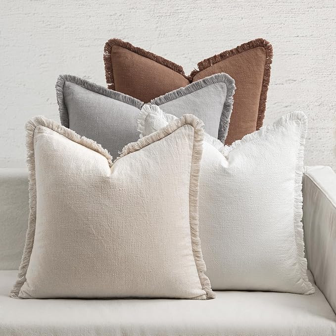 MIULEE Decorative Couch Pillow Covers Neutral Linen Fringe Throw Pillows Set of 4 Mid Modern Cush... | Amazon (US)