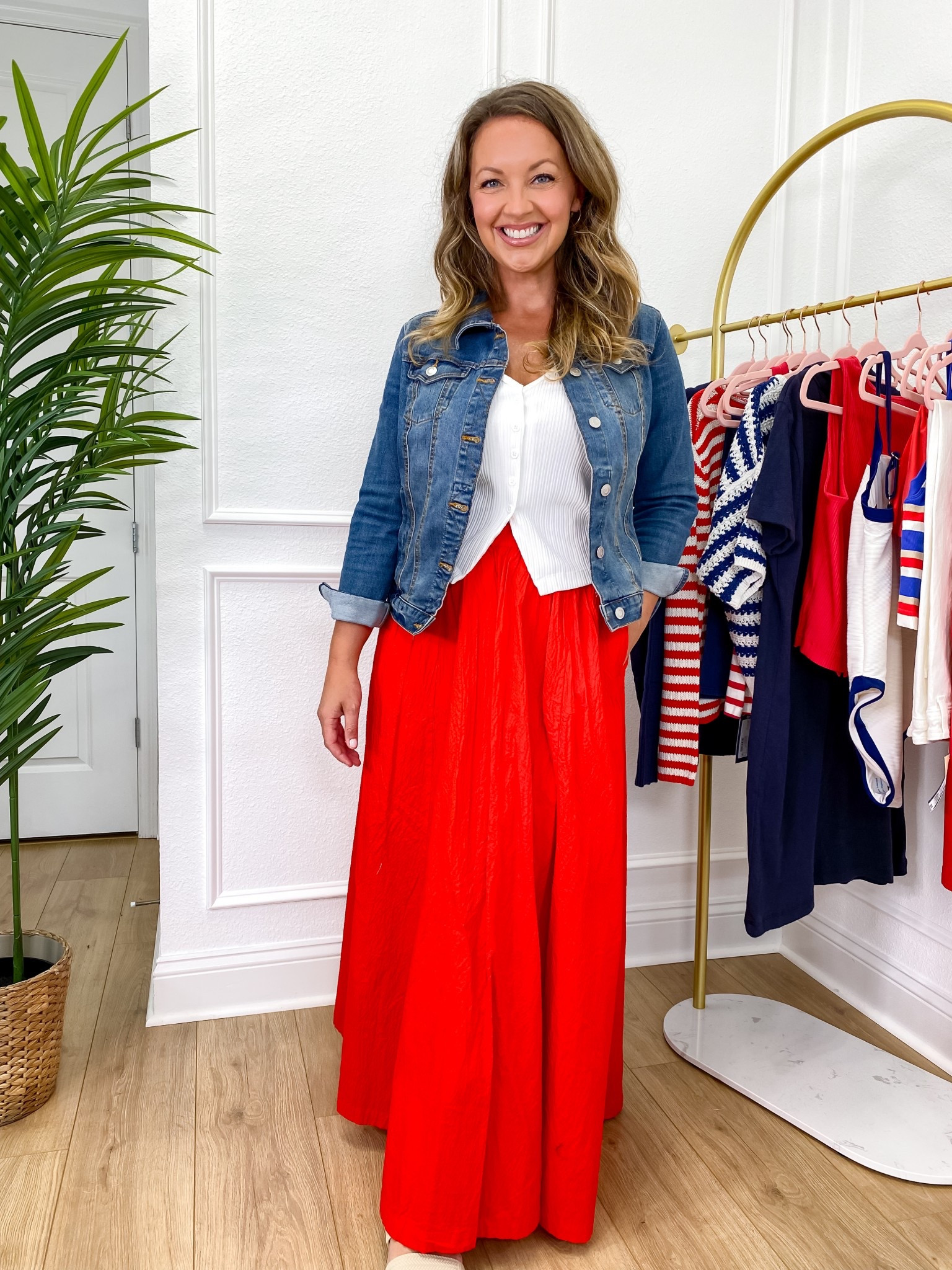 loving this subtle red white and blue combo! You can never go wrong with classics!  
I am 5'5" Size 8/10 Wearing M.

(maxi skirt runs big so considering sizing down one size)

Maxi Skirt
Denim Jacket
White Vest T-shirt 

 #LTKSeasonal #LTKMidsize #LTKFindsUnder50