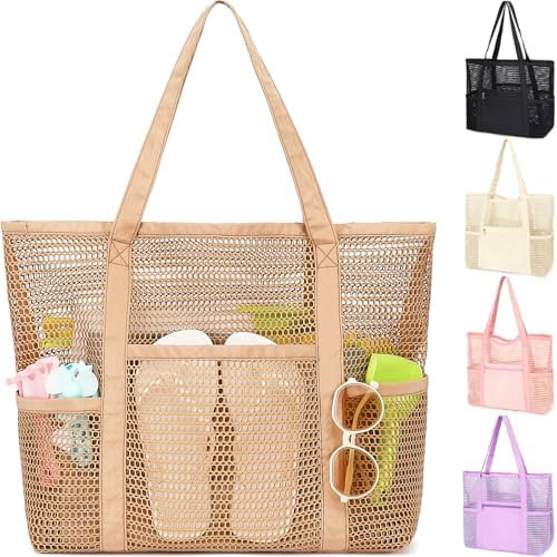 Mesh Beach Bag for Women, Summer Straw Tote Hobo Pool Bags with Zipper Pocket, Travel Vacation Cr... | Amazon (US)
