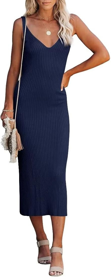 Lacozy Women's 2023 Summer Bodycon Midi Dress Sexy V-Neck Sleeveless Sweater Dress Casual Tank To... | Amazon (US)