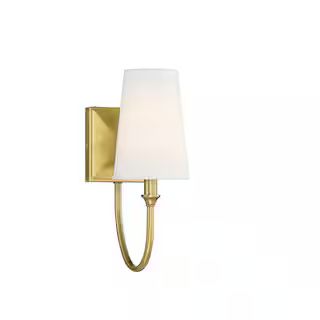 Savoy HouseCameron 5 in. W x 13 in. H 1-Light Warm Brass Transitional Wall Sconce with White Fabr... | The Home Depot