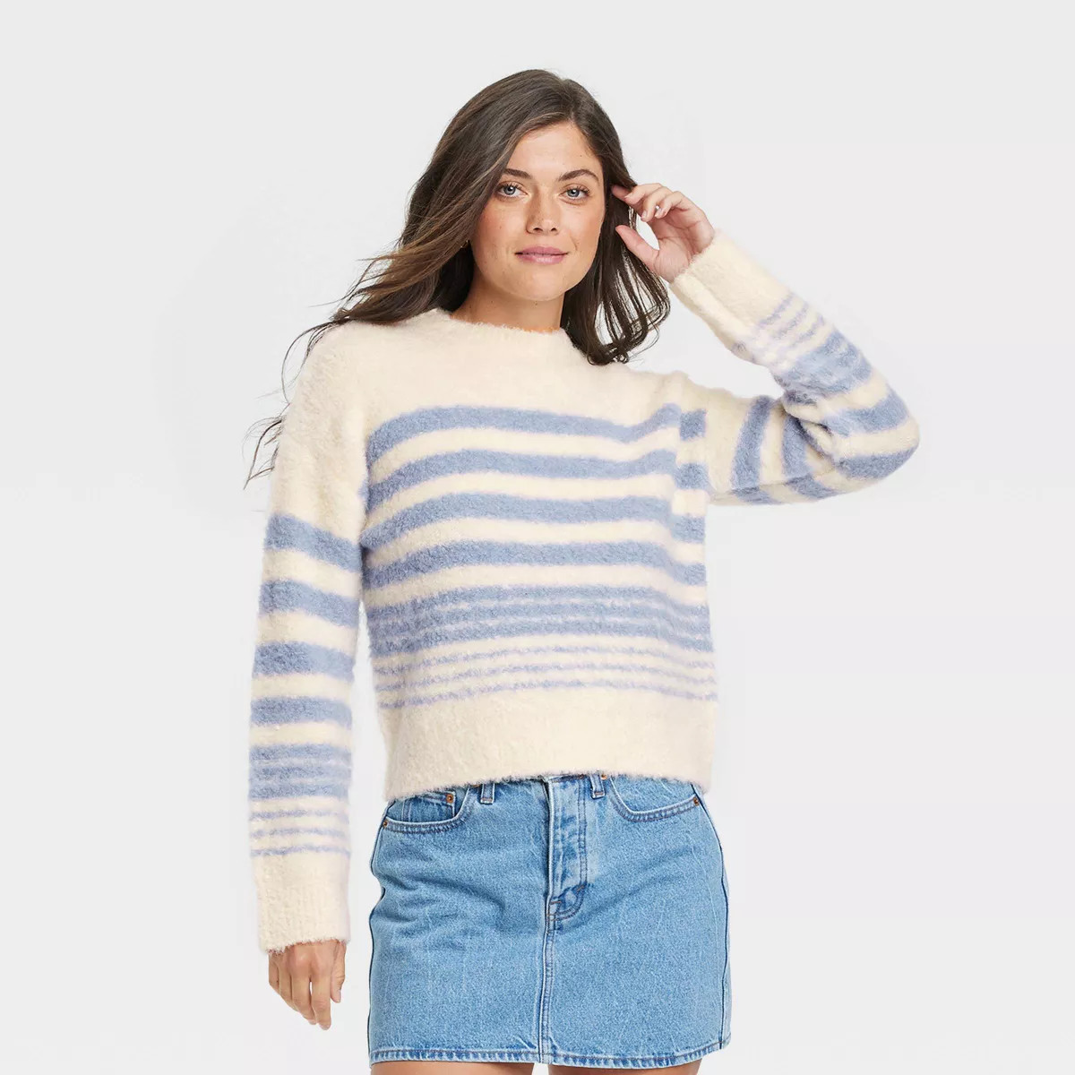 Women's Boucle Crewneck Pullover Sweater - Universal Thread™ Blue/Cream Striped XS | Target