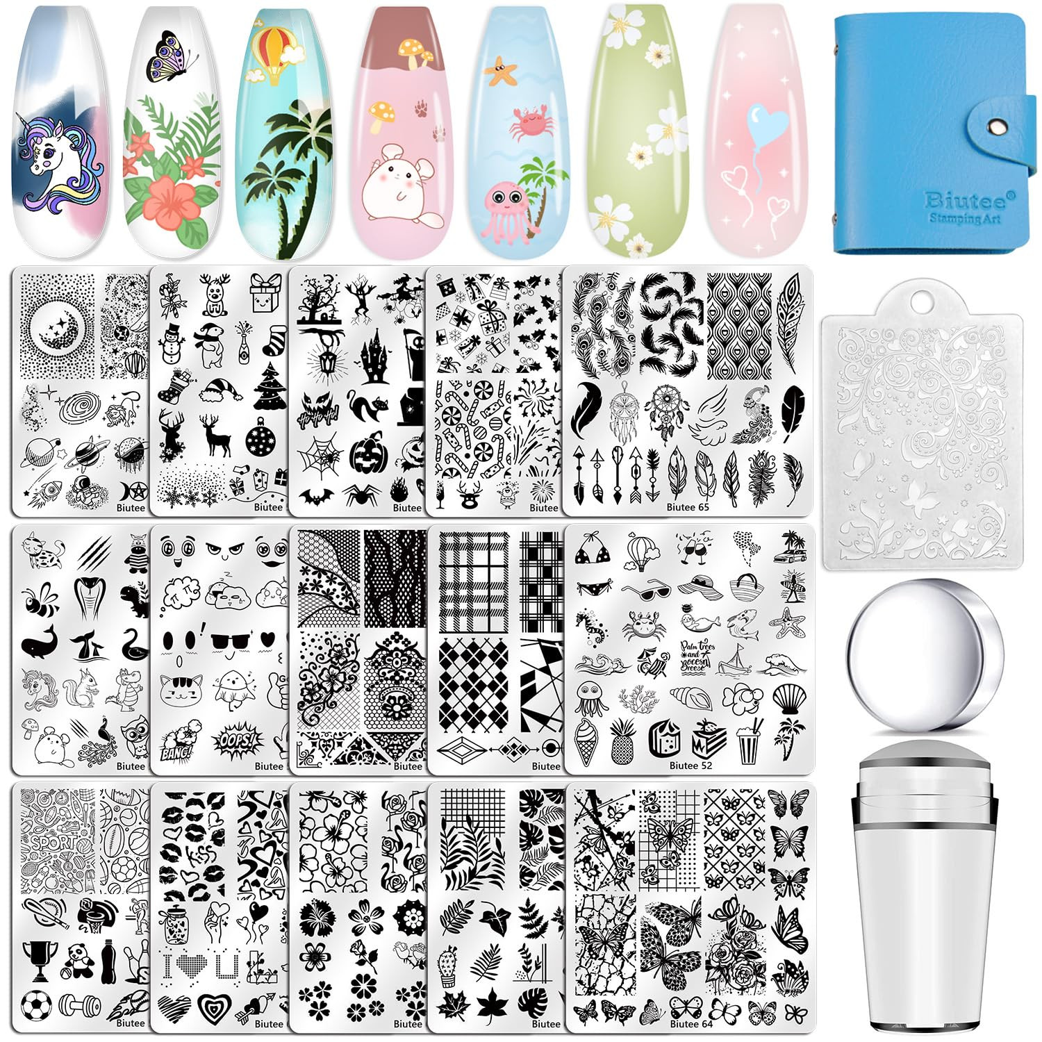 Biutee Nail Stamping Plates Set 15PCS Nail Art Stamper Scraper Nail Art Stamping Kit with Storage... | Amazon (US)