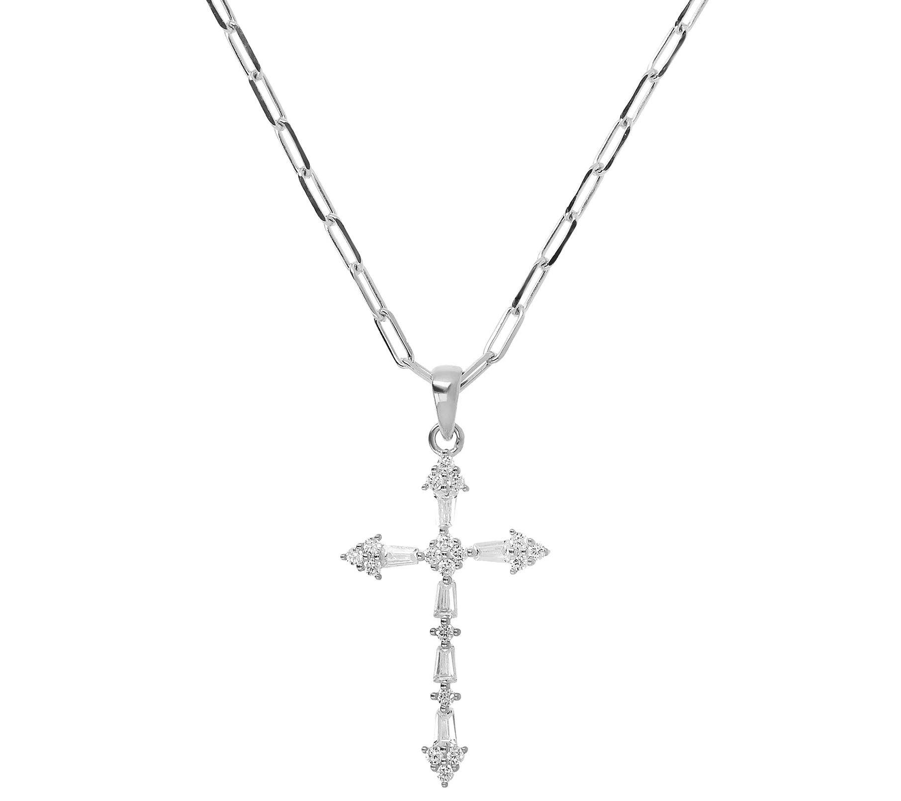 Diamonique Cross Pendant w/ Paperclip Link Chai n, Sterling | QVC