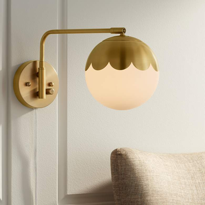 360 Lighting Kelowna Brass and Glass Globe Swing Arm Plug-In Wall Lamp - #76H58 | Lamps Plus | Lamps Plus