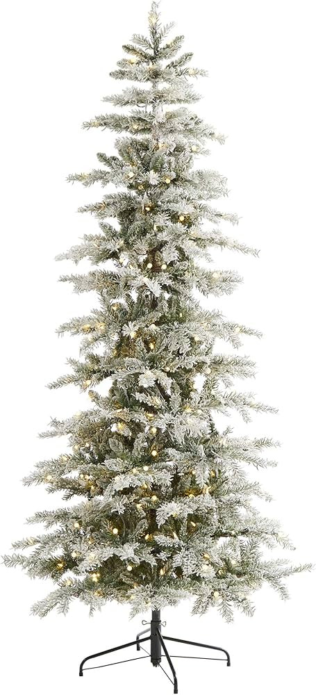 Nearly Natural 7.5ft. Slim Flocked Nova Scotia Spruce Artificial Christmas Tree with 450 Warm Whi... | Amazon (US)