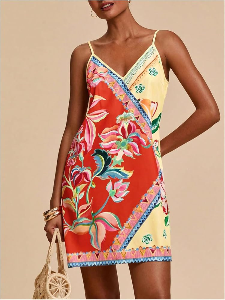OYOANGLE Women's Boho Patchwork Floral Print Mini Sundress Spaghetti Strap Colorblock A Line Dres... | Amazon (US)