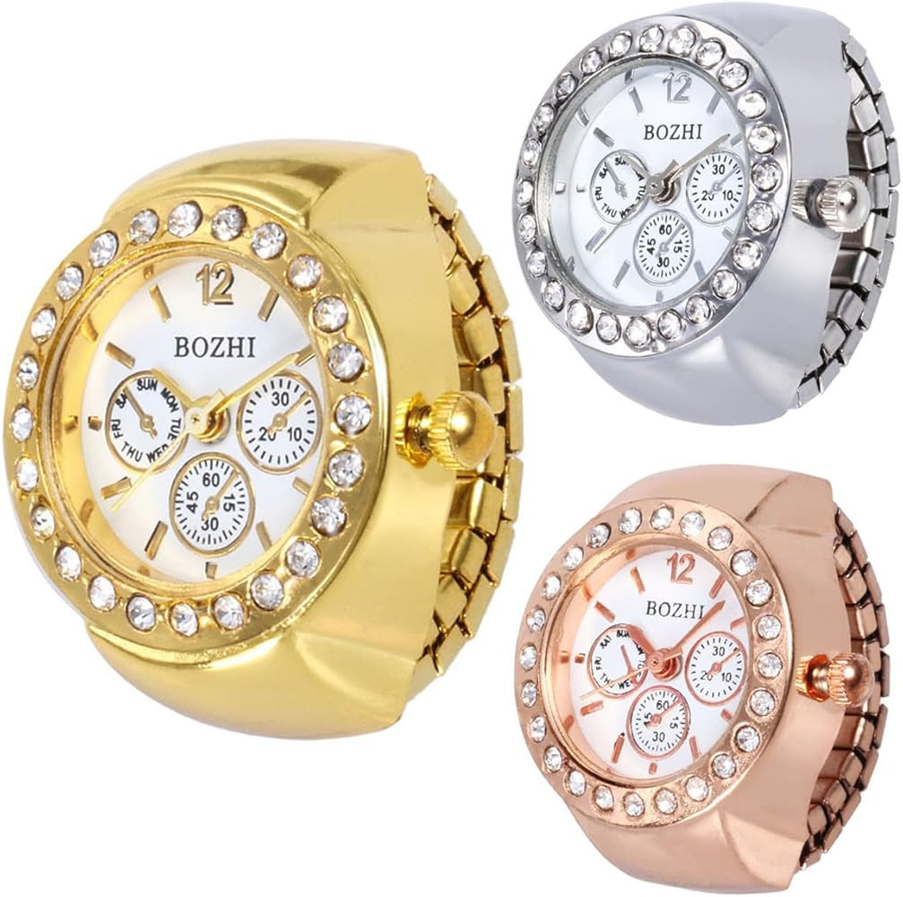 CdyBox Women Elegant Finger Watch with Diamonds Round Quartz Analog Ring Watch for Men 3 Pack | Amazon (US)