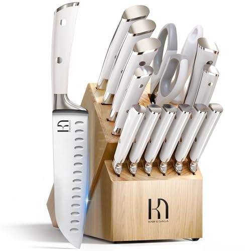 Knife Set Premium, Japanese 15 Pcs High Carbon Stainless Steel Kitchen Knife Block Set with Sharpener, Razor Sharp Knives Set for Kitchen with Natural Wood Block, Long-Lasting Edge | Amazon (US)