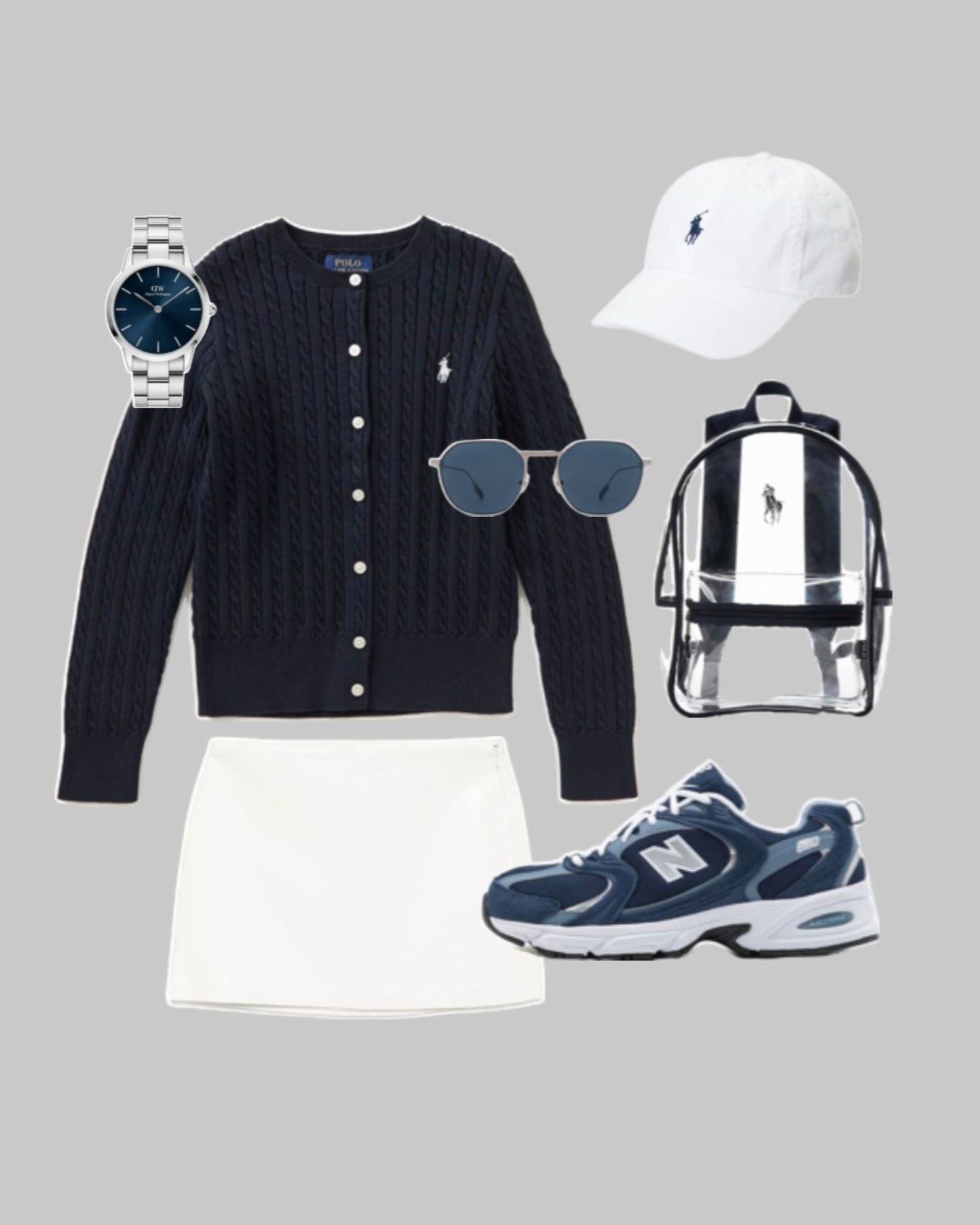 Polo cardigan, white mini skirt, new balance sneakers, golf outfit, Ralph Lauren casual style