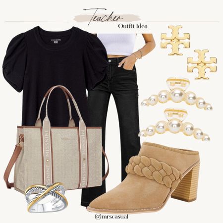 Amazon teacher outfit idea. Black flare jeans tote bag 

#LTKover40 #LTKshoecrush #LTKfindsunder50