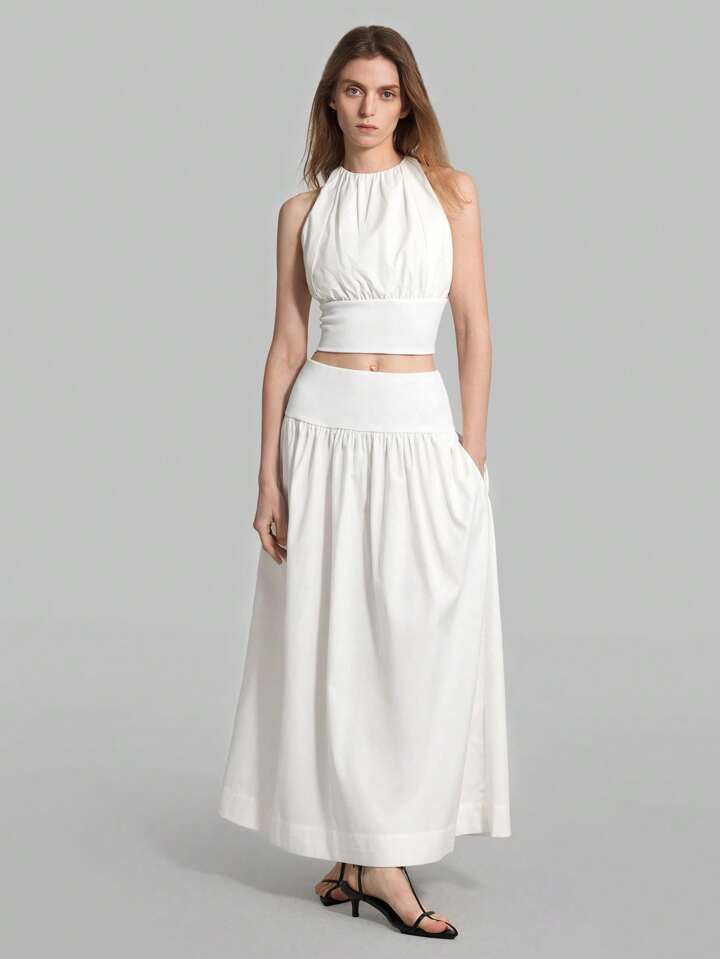 Ontre Women's Fashion Solid Color Halter Top And Skirt Set | SHEIN