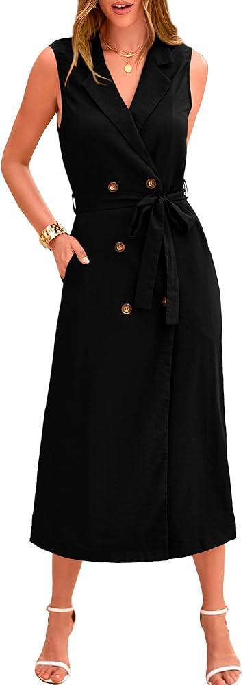 BTFBM Casual Business Dress 2024 Summer Work Office Lapel V Neck Slit Belted Sleeveless Button Do... | Amazon (US)