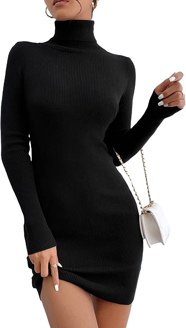OYOANGLE Women's Turtle Neck Ribbed Knit Long Sleeve Slim Fit Bodycon Short Sweater Dress | Amazon (US)