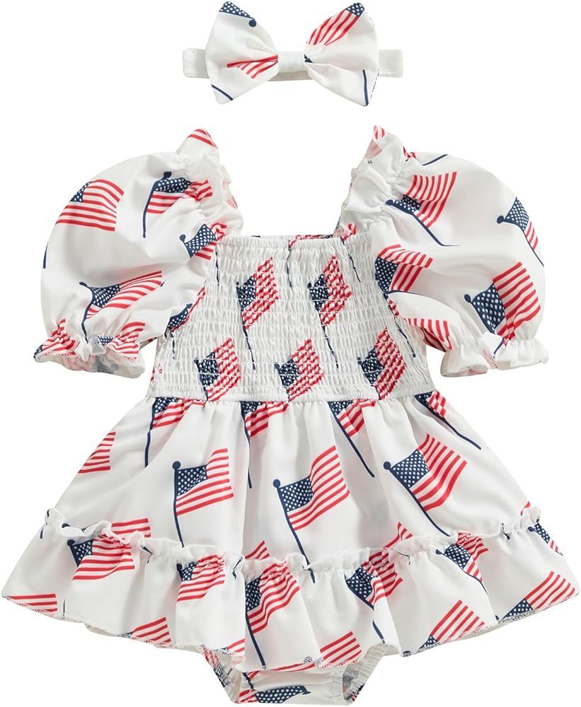 Newborn 4th of July American Flag Baby Girls Short Sleeve Romper Bodysuit & Bowknot Headband Infa... | Amazon (US)