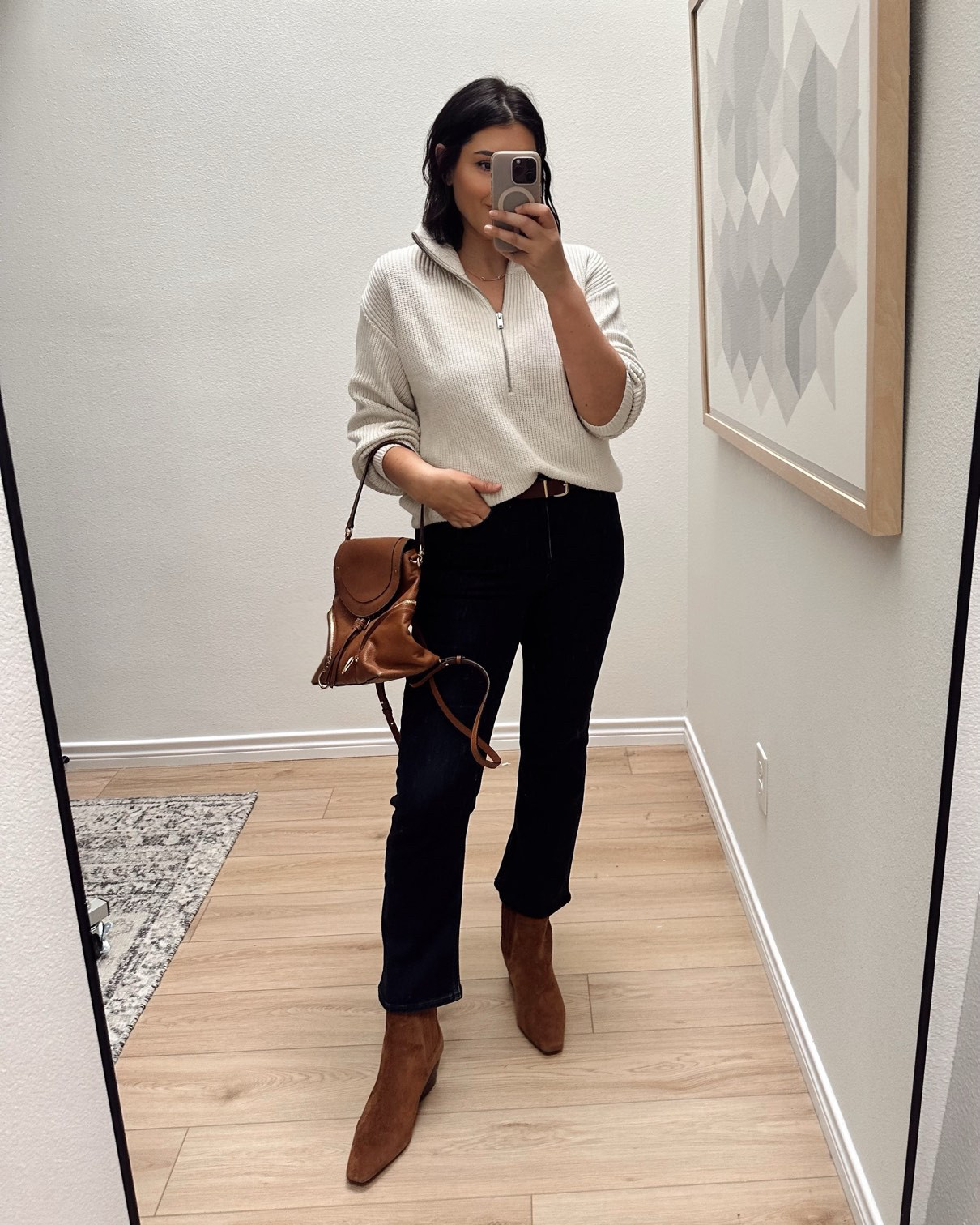 Another quince win! I'm in the medium of the sweater -- fit is perfect. Slightly relaxed but overall TTS. 

I'm in the 30 of the jeans.  

 