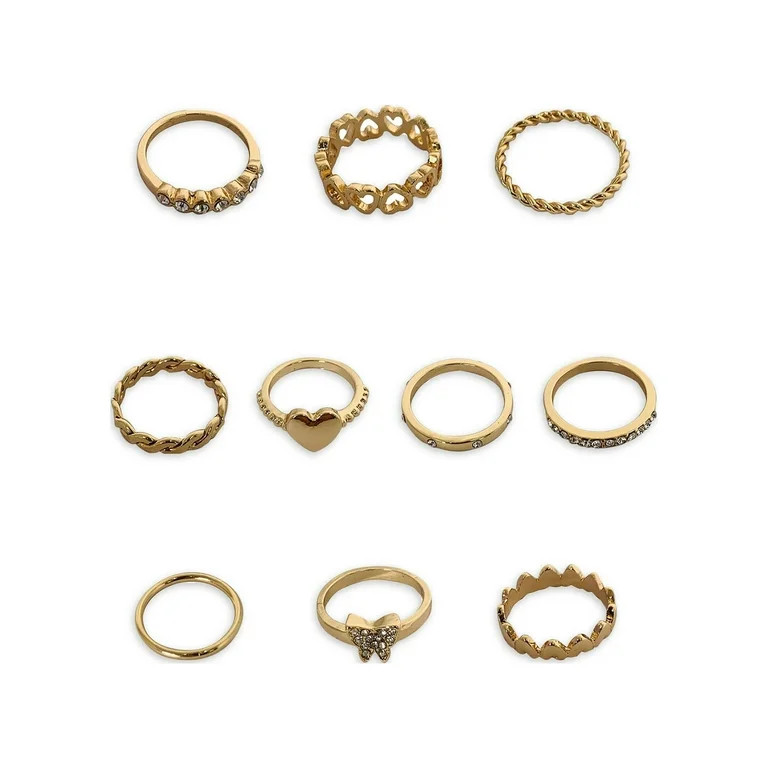 No Boundaries Gold Butterfly and Heart Ring Set, 10 Pack - Walmart.com | Walmart (US)