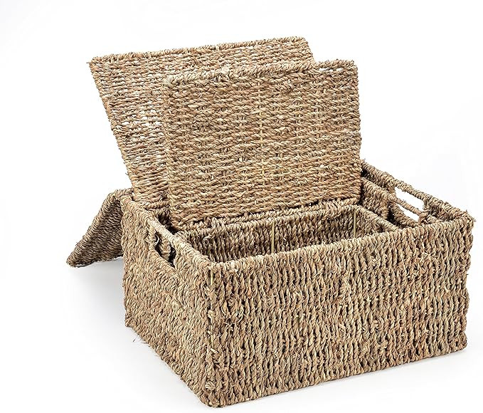 Trademark Innovations Set of 3 Rectangular Seagrass Baskets with Lids, Natural (Small) | Amazon (US)