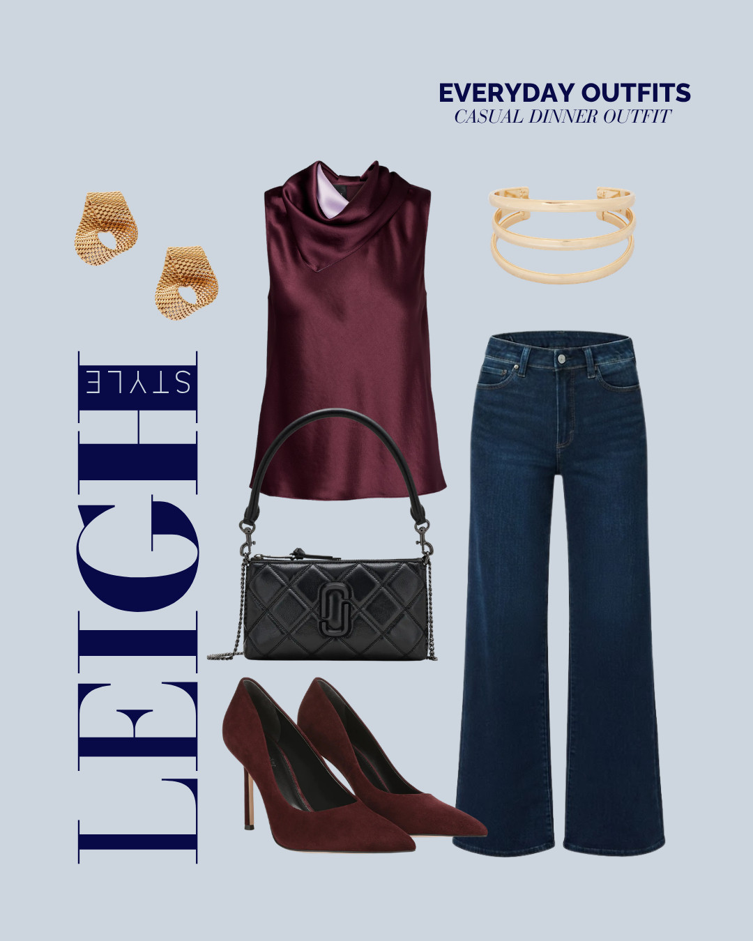 Elevate your evening look with a sleek satin top, dark-wash denim, and bold gold accessories for a chic casual dinner. 

#EverydayOutfits #CasualDinnerOutfit #DateNightStyle #EveningLook #CasualChic #LeighStyle #OutfitInspo 

 #LTKdayinmylife #LTKootd #LTKBeauty