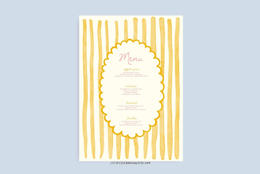 Clara Sweet Vintage Framed Striped Party Menu Template, Cute Yellow and Pink Trendy Unique Dinner... | Etsy (US)