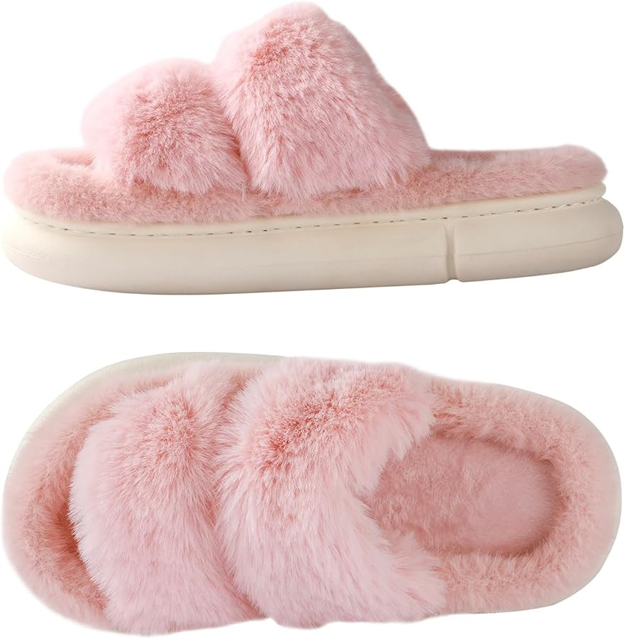 Ankis Fuzzy Slippers for Women - Ultra-Soft Skin-friendly Dual-Strap Furry Slippers | EVA Cushion... | Amazon (US)