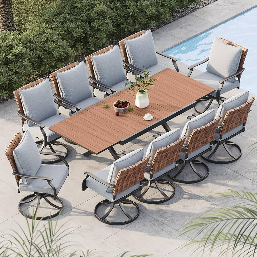 Grand patio 11-Piece Outdoor Dining Set, 10 Leather-Look Wicker Swivel Patio Chairs & 1 Extendabl... | Amazon (US)