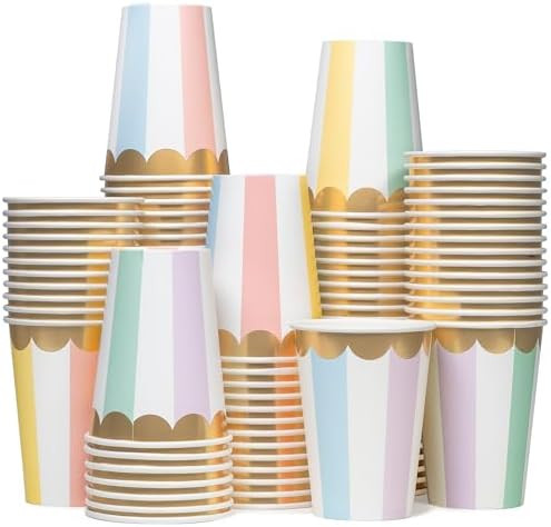 Disposable Paper Coffee Cups, Bulk 100 Pack, Pastel Stripes, Leak-Resistant, 12 oz Hot and Cold C... | Amazon (US)