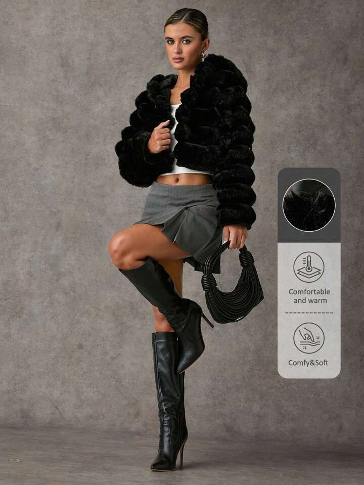 SHEIN BAE Women's Winter Solid Color Long Sleeve Faux Fur Fashion Jacket Winter Women's Coat Blac... | SHEIN