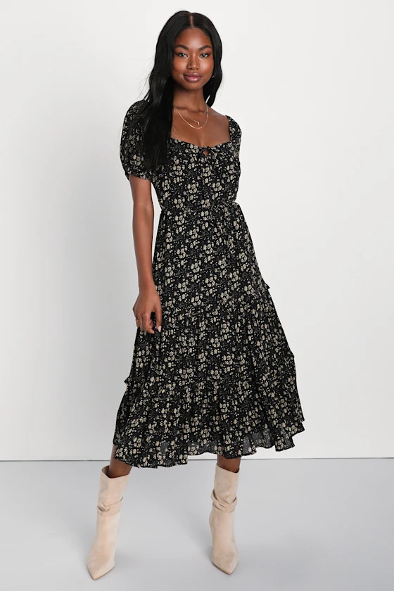 Adorable Ideal Black Floral Print Tiered Ruffled Midi Dress | Lulus