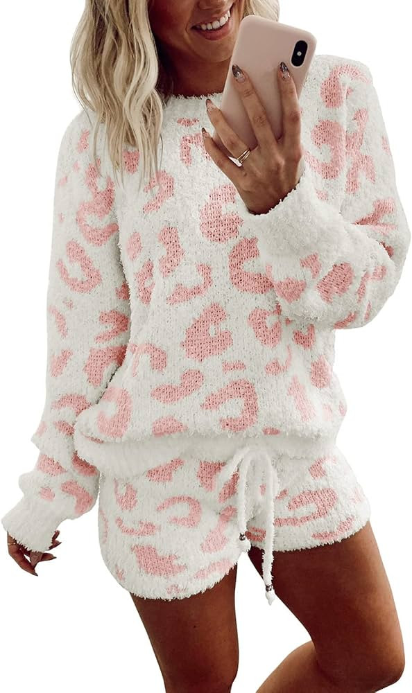 MEROKEETY Women's Fuzzy Fleece Leopard Long Sleeve Pajama Set 2 Piece Sweater Top and Shorts Loun... | Amazon (US)