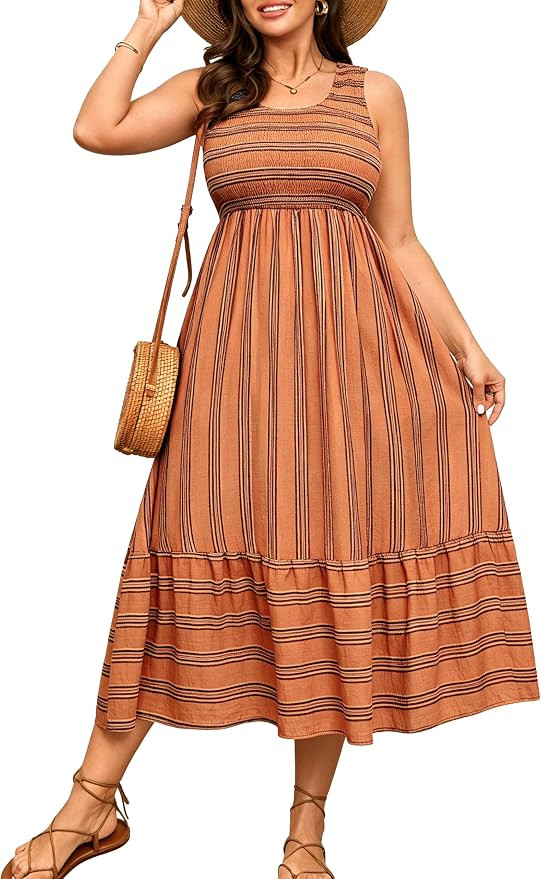 Plus Size Summer Dresses Smocked Sleeveless Sundress Beach Maxi Dress | Women's Square Neck Loose... | Amazon (US)