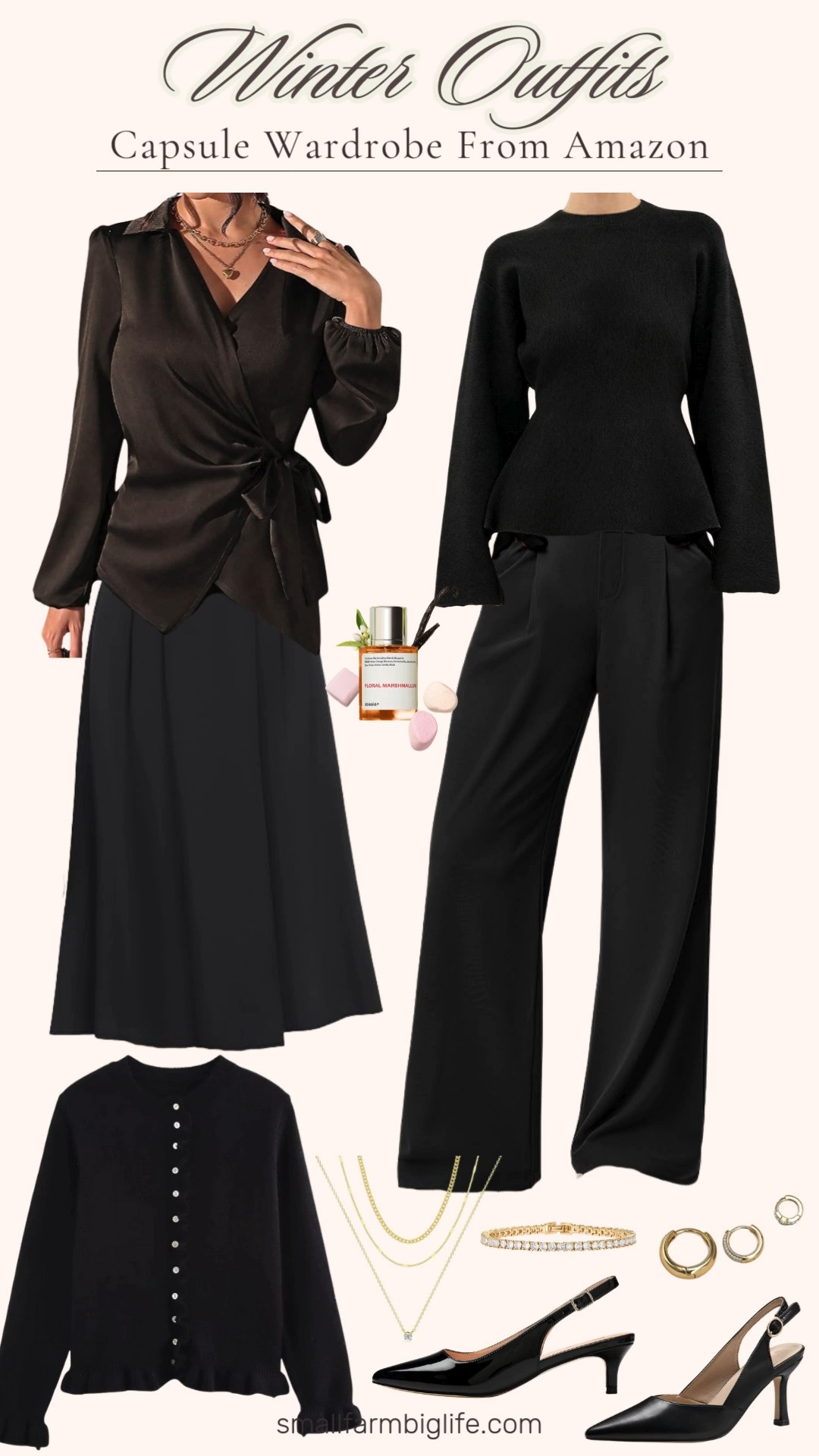 Amazon winter capsule wardrobe with elevated neutrals ✨🖤 A brown wrap front blouse, black peplum sweater, and black trousers or skirt create endless polished outfits. Finished with black slingback heels and gold jewelry for an easy, wear anywhere winter look. 

 #LTKOver40 #LTKFindsUnder50 #LTKWorkwear