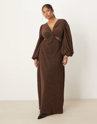 Pretty Lavish Curve shimmer v-neck balloon sleeve cut out maxi dress in brown | ASOS (Global)