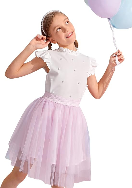 Romwe Girl's Summer Pearls Beaded Ruffle Cap Sleeve Keyhole Blouse Tops Shirt | Amazon (US)